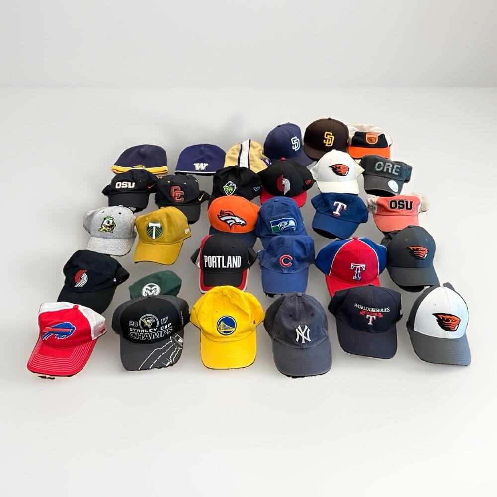 Lot of 30 MLB MiLB NHL NCAA NFL NBA Adjustable Fitted Hats Beanies Caps